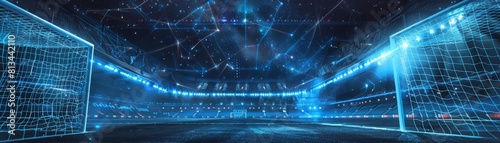 A futuristic soccer stadium with smart goalposts that tally scores automatically and display holographic replays, set under a starry hologramfilled sky, with copy space photo