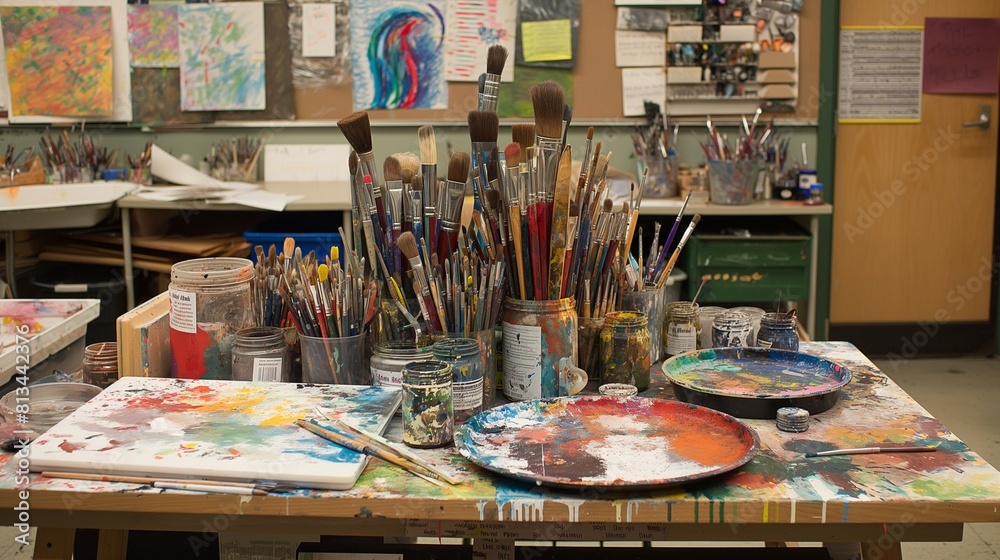 A still life composition of art supplies and materials arranged on a table in an art classroom, including paintbrushes, palettes, and colorful paints,  artistic lighting and composition