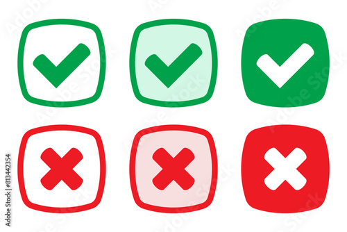 Right or wrong icons. Green tick and red cross checkmarks. Yes or no symbol, approved or rejected icon for user interface.