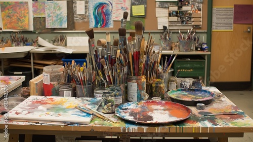 A still life composition of art supplies and materials arranged on a table in an art classroom, including paintbrushes, palettes, and colorful paints, artistic lighting and composition