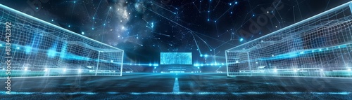 A futuristic soccer stadium with smart goalposts that tally scores automatically and display holographic replays  set under a starry hologramfilled sky  with copy space