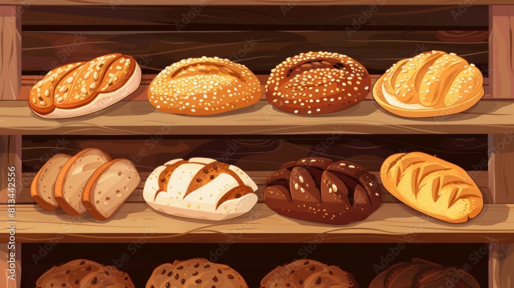 Fototapeta premium A variety of fresh breads displayed neatly on a rustic wooden shelf, including baguettes, sourdough, croissants, and challah. Generative AI