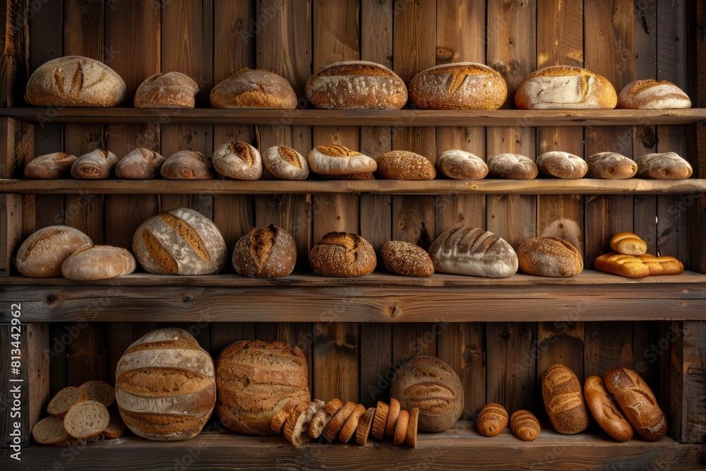 A diverse collection of freshly baked breads rest elegantly on a wooden shelf, showcasing an array of colors, shapes, and textures. Generative AI A diverse collection of freshly baked breads rest elegantly on a wooden shelf, showcasing an array of colors, shapes, and textures. Generative AI