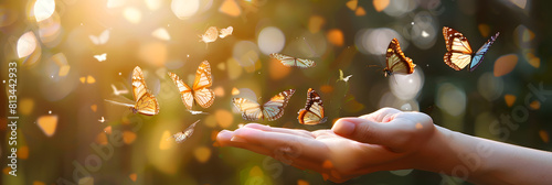 Butterfly on finger or hand and a green background, Butterfly in the tropical forest.