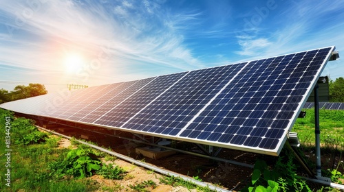 Solar power plant panels glowing under the bright sun  with beautiful nature as a backdrop  showcasing green energy on a clear day