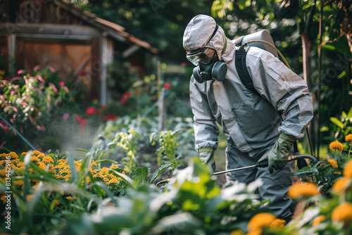 A gardener in a protective suit sprays pest control in a vegetable garden 