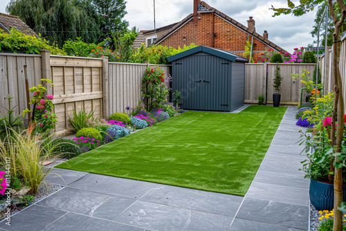 A general view of a back garden with artificial grass, grey paving slab patio, flower bed with plants, timber fences, blue shed, summer house garden timber outbuilding  photo