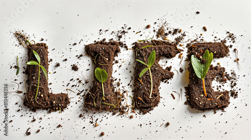 Top view of the word LIFE spelled in organic soil with sprouts