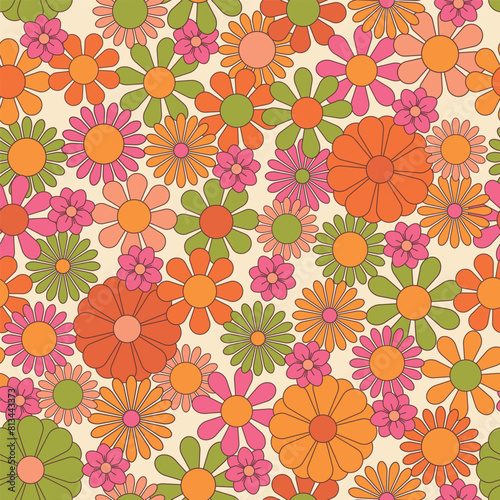 Groovy flowers vector illustration  hippie aesthetic. Psychedelic wallpaper. Colorful floral seamless pattern. Funny multicolored print for fabric  paper  any surface design.