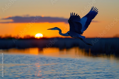 Bird Flying Over Body of Water at Sunset © Yasir
