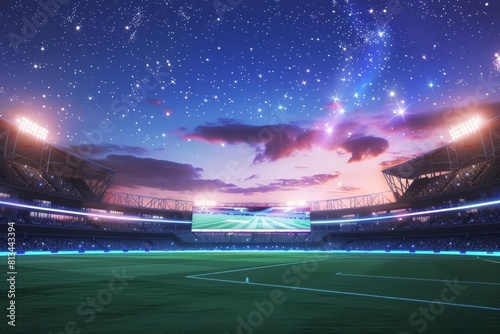 A serene cricket ground at dusk  with the field surrounded by holographic spectators and interactive scoreboards  set against a backdrop of starlit skies  with copy space