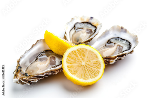 oysters and lemon slice isolated on white background