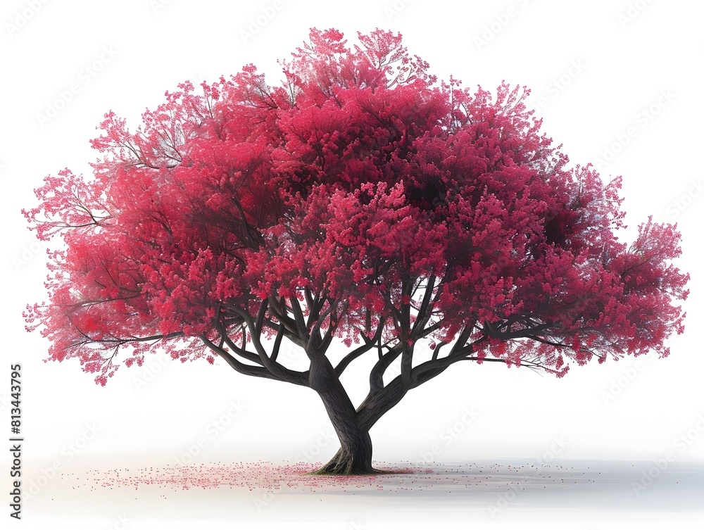 Fototapeta premium Majestic Crimson Tree in Serene Landscape Vibrant Nature Scenery with Lush Foliage