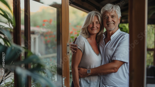Happy middle-aged couple stands by window, arms wrapped around each other in comforting embrace. Smiles reflect shared joy and contentment. Man, dressed casually in white shirt, stands beside wife © Aleksandra