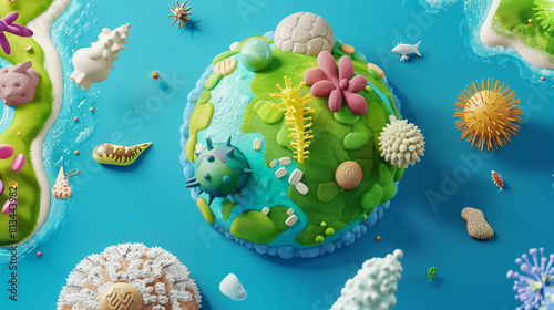Colorful and imaginative representation of a microbial world, vibrant and detailed 