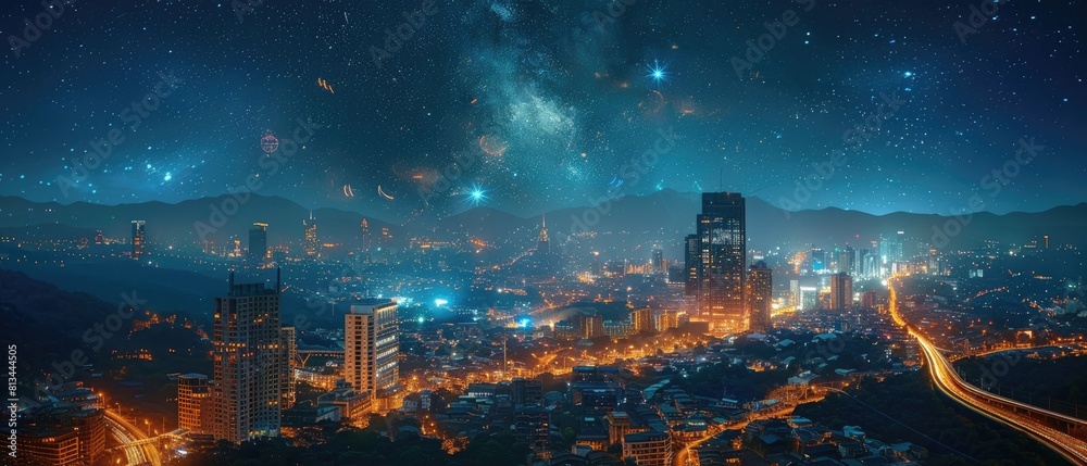 a beautiful cityscape at night. The city is full of bright lights and tall buildings. The sky is dark and full of stars. The photo is very peaceful and relaxing.