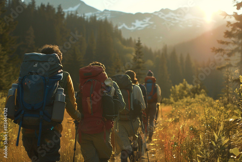 A group of friends are traveling along a mountn trl, enjoying an outdoor activity with their backpacks and travel bags  photo