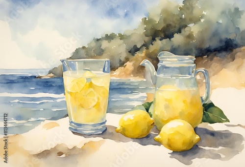 In a vintage-inspired watercolor masterpiece, a serene beach scene unfolds, adorned with soft blues and yellows, where sun-kissed lemons evoke the essence of summertime bliss