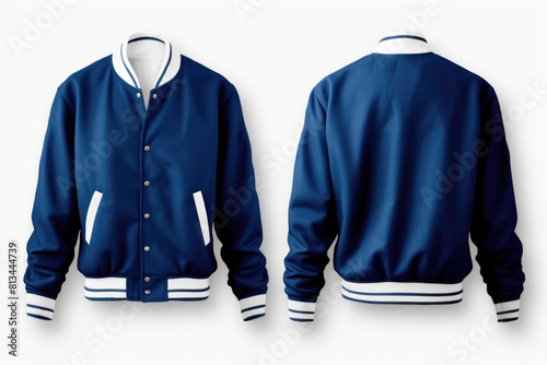 blue and white varsity jacket mockup. front and back view photo