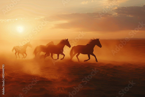 a group of horses running in the desert at sunset 