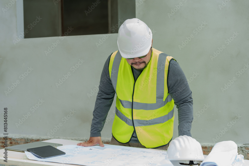 Male construction supervisor in vest reviews blueprints, attentive to detail, serious planning, on-site decision-making. Work of construction engineers on the job site Male construction supervisor in vest reviews blueprints, attentive to detail, serious planning, on-site decision-making. Work of construction engineers on the job site