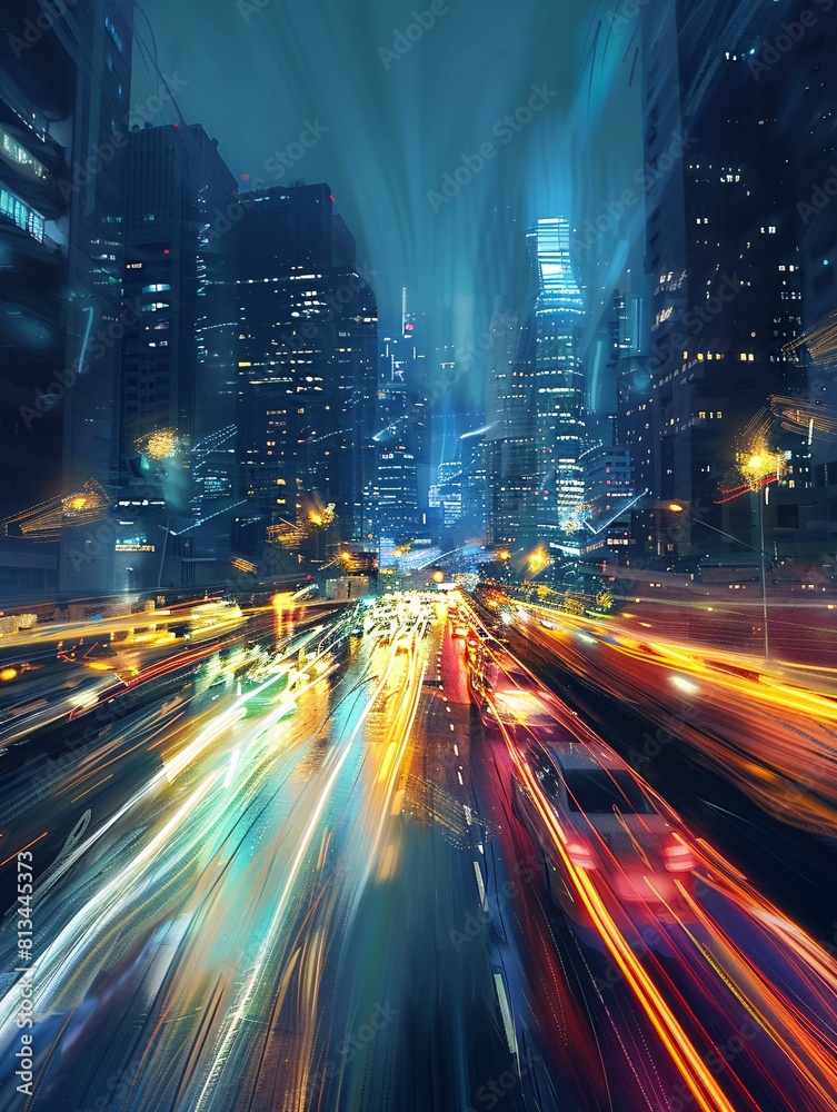 Obraz premium A bustling urban street with illuminated movement.