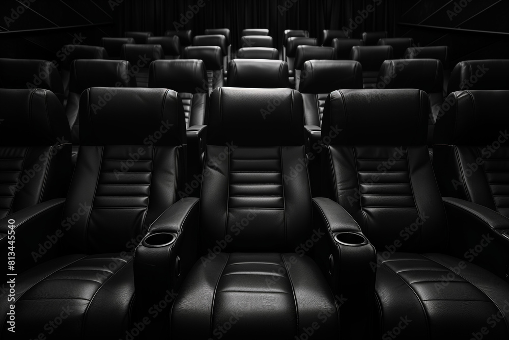 Fototapeta premium A black movie theater with rows of black leather chairs