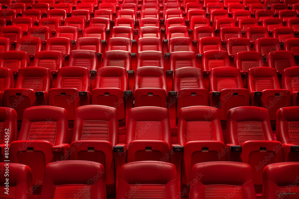A row of red chairs are empty in a theater A row of red chairs are empty in a theater
