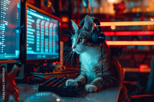 A hacker cat with a headset, sitting in a futuristic cafe, anonymously exposing cyber threats over a secure network  photo