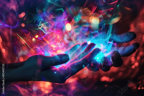 Person Holding Out Hand With Colorful Lights Background