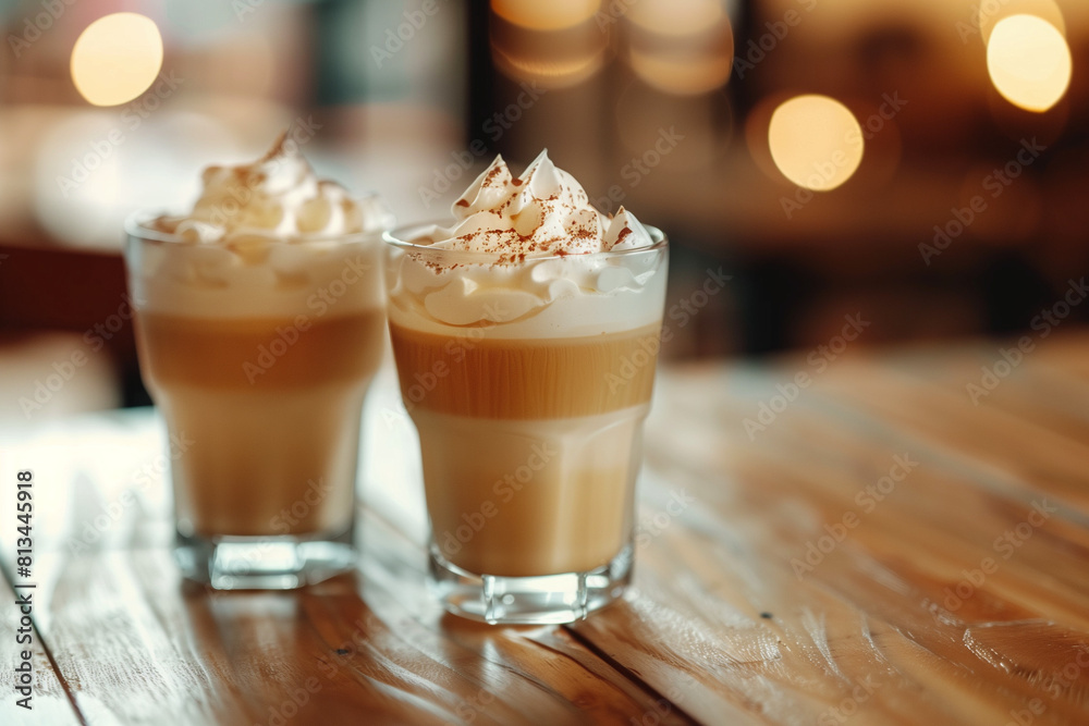 A cup of coffee with whipped cream on top sits on a white plate A cup of coffee with whipped cream on top sits on a white plate