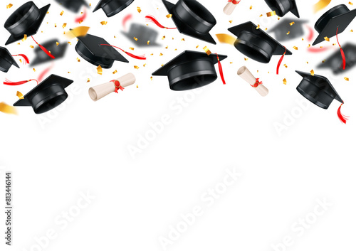 Graduation party at the university, school or college. 3d realistic black academic graduation caps or toga hats, confetti and diplomas tossed up, flying on transparent background. Vector illustration