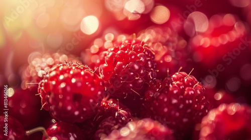 Closeup of ripe, organic red raspberries on a fresh background, representing the concept of a bountiful harvest.