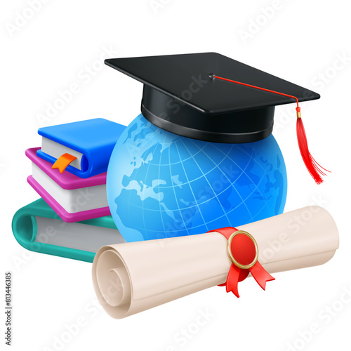 3d realistic black academic graduation cap or toga hat on the globe, books and diploma, isolated. Education online concept, graduation ceremony at the university, school, college. Vector illustration