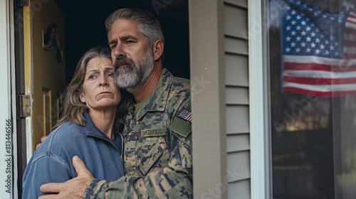 A middle-aged couple stands by the window of their California home, enveloped in a supportive embrace, their expressions reflecting solemn determination. The man, clad in military fatigues