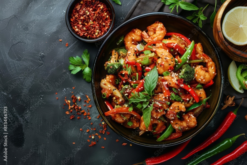 A spicy stirfry highlights the savory and spicy profiles of Asian cuisine, with solid background and copy space on center for advertise A spicy stirfry highlights the savory and spicy profiles of Asian cuisine, with solid background and copy space on center for advertise