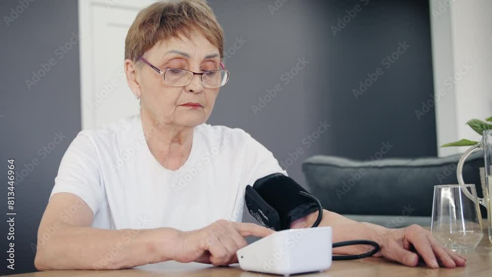 Senior woman measuring blood pressure using a tonometer at home. Everyday health check-up Senior woman measuring blood pressure using a tonometer at home. Everyday health check-up