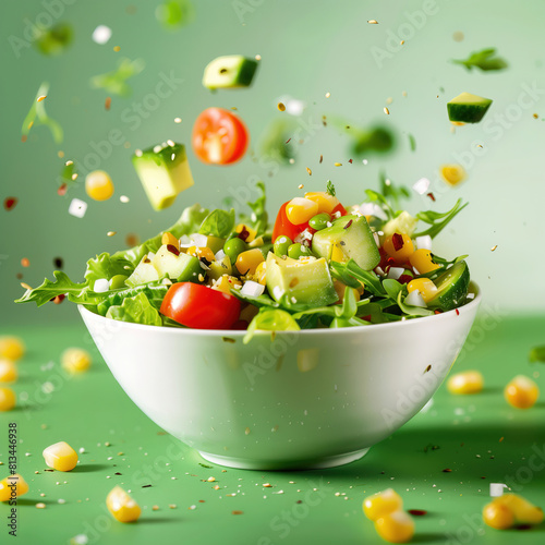 Healthy food. Bowl of fresh salad with tomatoes and avocado on green background.