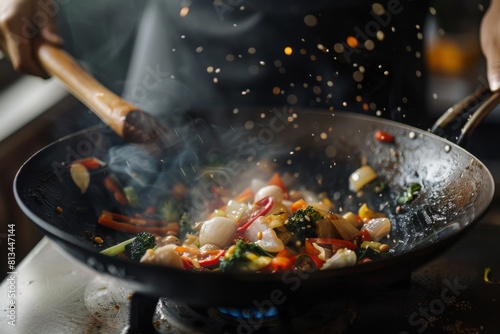 Wok Full of Food Cooking on Stove