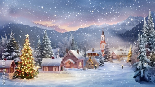 Classic Christmas Background   a classic Christmas background featuring a snowy landscape with a quaint village  decorated evergreen trees  and a starry night sky.
