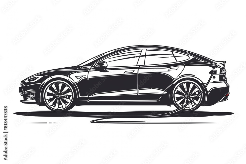 Naklejka premium a hand-drawn of Electric car, simple vector svg illustration, black monoline, isolated on with background 