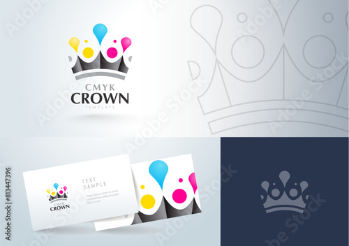 Logo Crown and Ink dots. Logotype CMYK Printing theme. Business card polygraphy theme. Template design vector. White backgroun