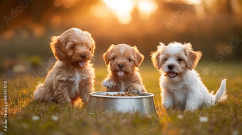 Puppies Sharing Meal at Sunset