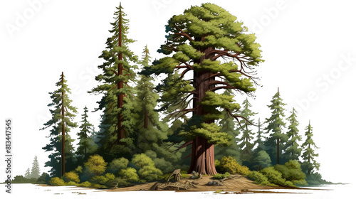 The photo shows a group of coniferous trees in a forest. photo