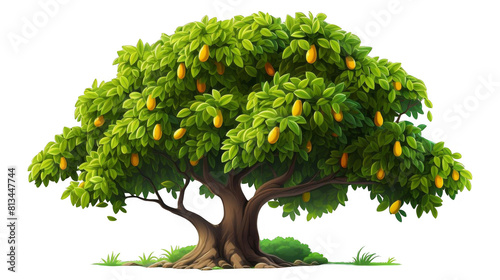 Big tree with green leaves and yellow fruits.