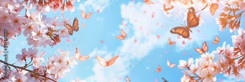 Illustration of blossoming cherry tree with butterflies under a blue sky