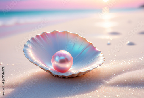 Light pink pearl in shell on beach