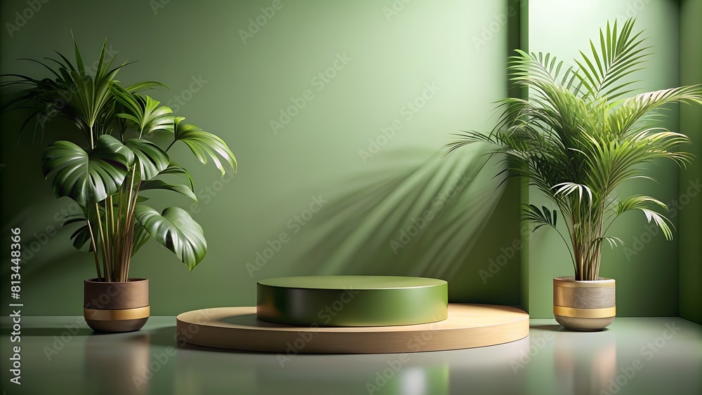 Fototapeta premium Elegant minimalist mocap background in warm green colours with vegetation with product platform