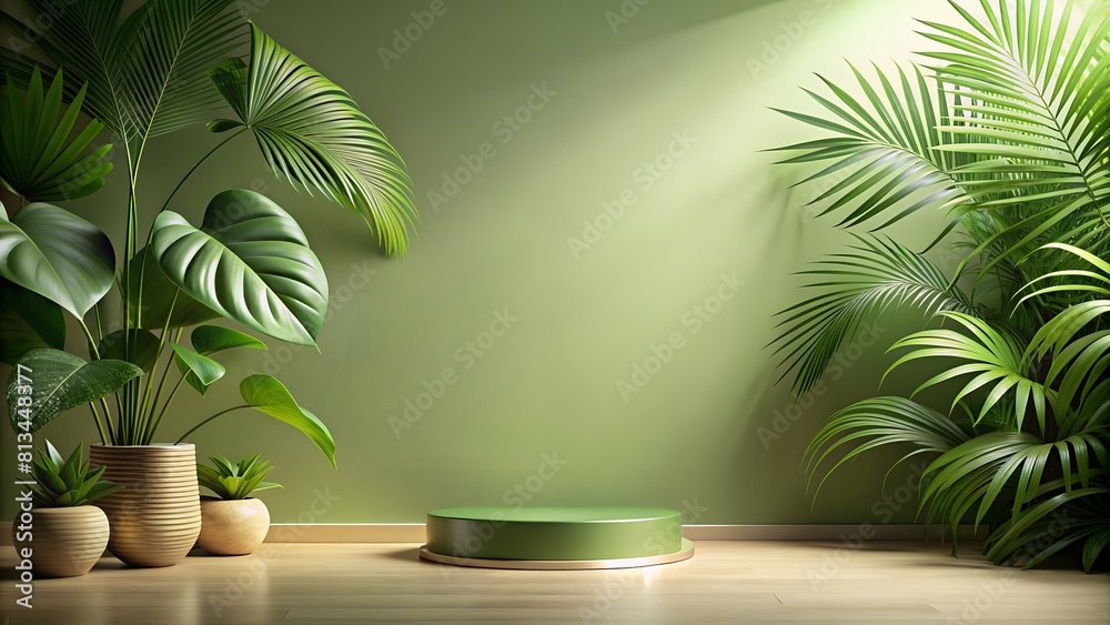 Elegant minimalist mocap background in warm green colours with vegetation with product platform Elegant minimalist mocap background in warm green colours with vegetation with product platform