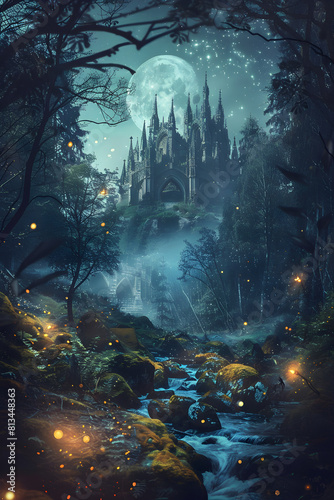 Whispers of Enchantment: An Ethereal Scene of Medieval Fantasy Forest Under Moonlight © Nellie